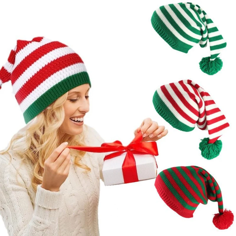 Colorful Stripes Knitted Christmas Hat Elf Santa Beanies Santa Claus Merry Christmas New Year Gift Woollen Knitted Crochet Hats