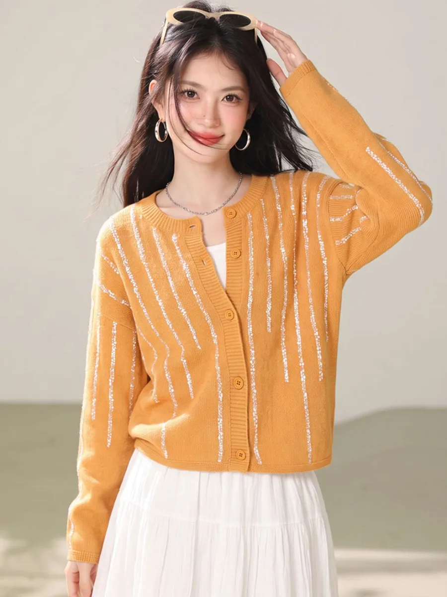 Thin Loose Knitted Outerwear Women's round Neck Orange Striped Shiny Thread Embroidered Long Sleeve Single Button Sweater Car...