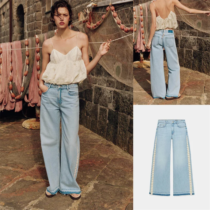 

Summer New High Waist Wide Leg Spliced Crochet Straight Jeans Women's Fashionable Casual Denim Pants American Style Z Series