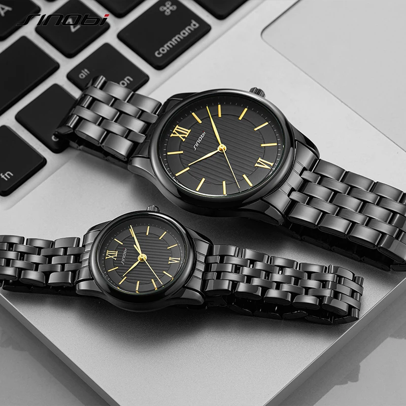 SINOBI Fashion Golden Women Quartz Watches Stainless Steel Strap Watch Female Waterproof Couple Wristwatch Men Lady Clock