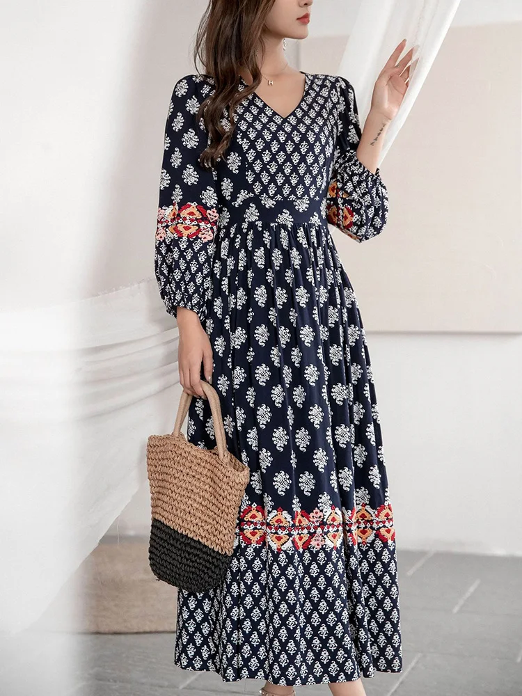 Gypsylady Floral Printed Elegant Maxi Dress Women V-Neck Lantern Sleeve Retro Casual Dresses Spring Summer Holiday Vestidos New