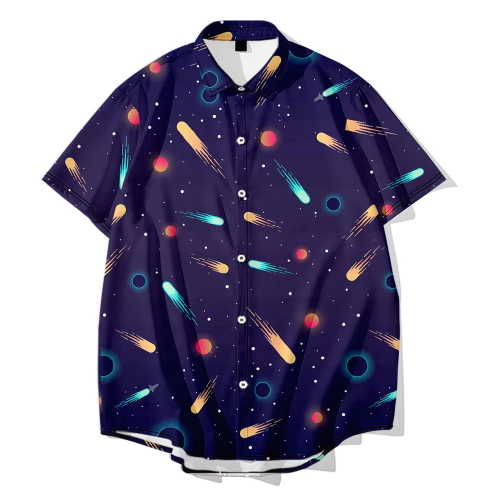 Fashion Men\'s Summer Fitting Oversized 6XL Shirt Hawaiian Spaceship Cartoon Planet Print Short Sleeved Top Beach Casual Shirt