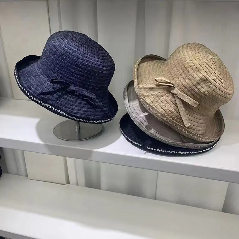 

New Bucket Hat Four Seasons Women's Outdoor Vacation Shading Face Shading Straw Hat Sun Protection Bow Breathable Hat
