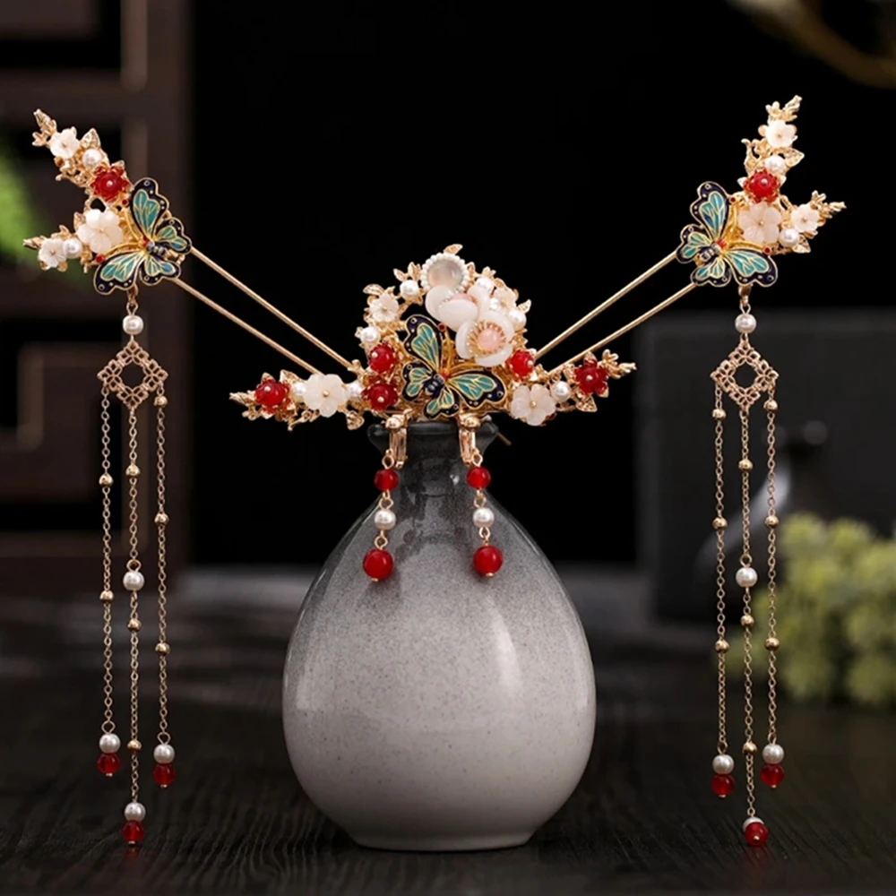 

Hanfu headdress female ancient style tassel step shake golden butterfly hairpin bride show Wo clothing crystal hair comb hair ac