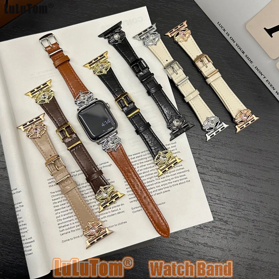 Calfskin Leather Strap For Apple Watch Band 38/40/41/44/42/45/49mm Temperament Bracelet iWatch Series 9 8 7 6 5 4 SE Accessories