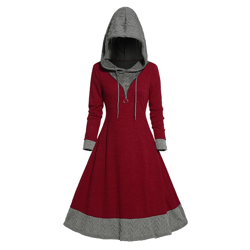 

Fall New Colorblock Textured Knit Hooded Dress For Women O Ring Zipper Long Sleeve Drawstring Hood Knitted Vestido Feminino