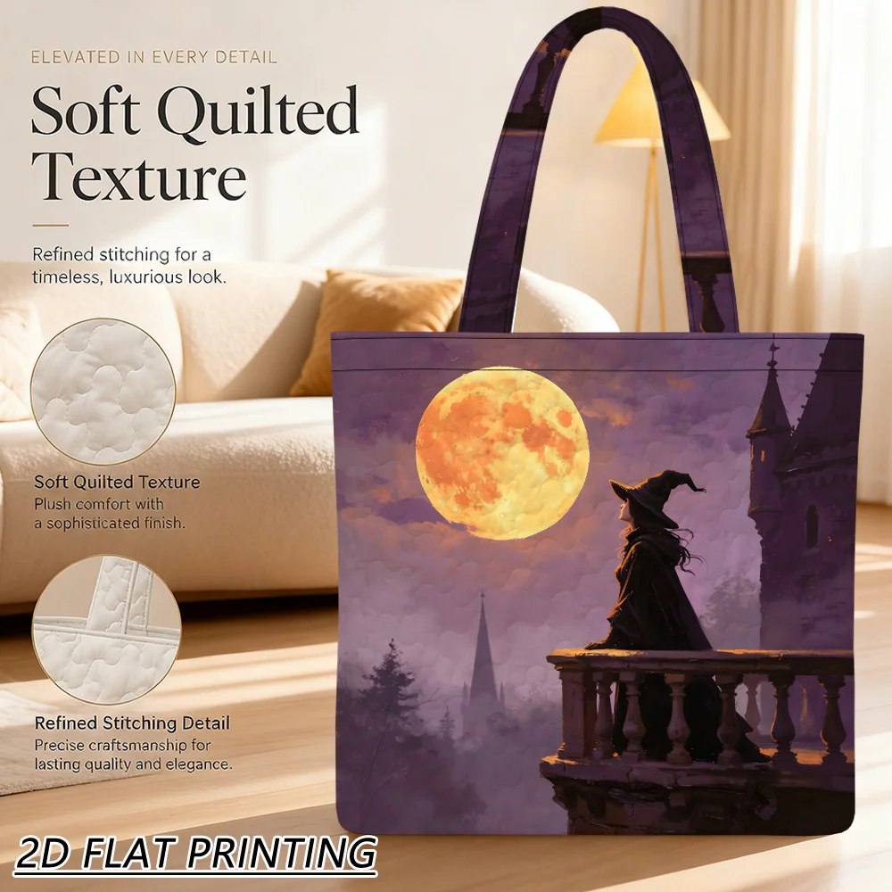 1pc Witch watches full moon Quilted Women'S Shoulder Bag, Multi-Purpose Bags, Spacious For Halloween, Vacation And Fun