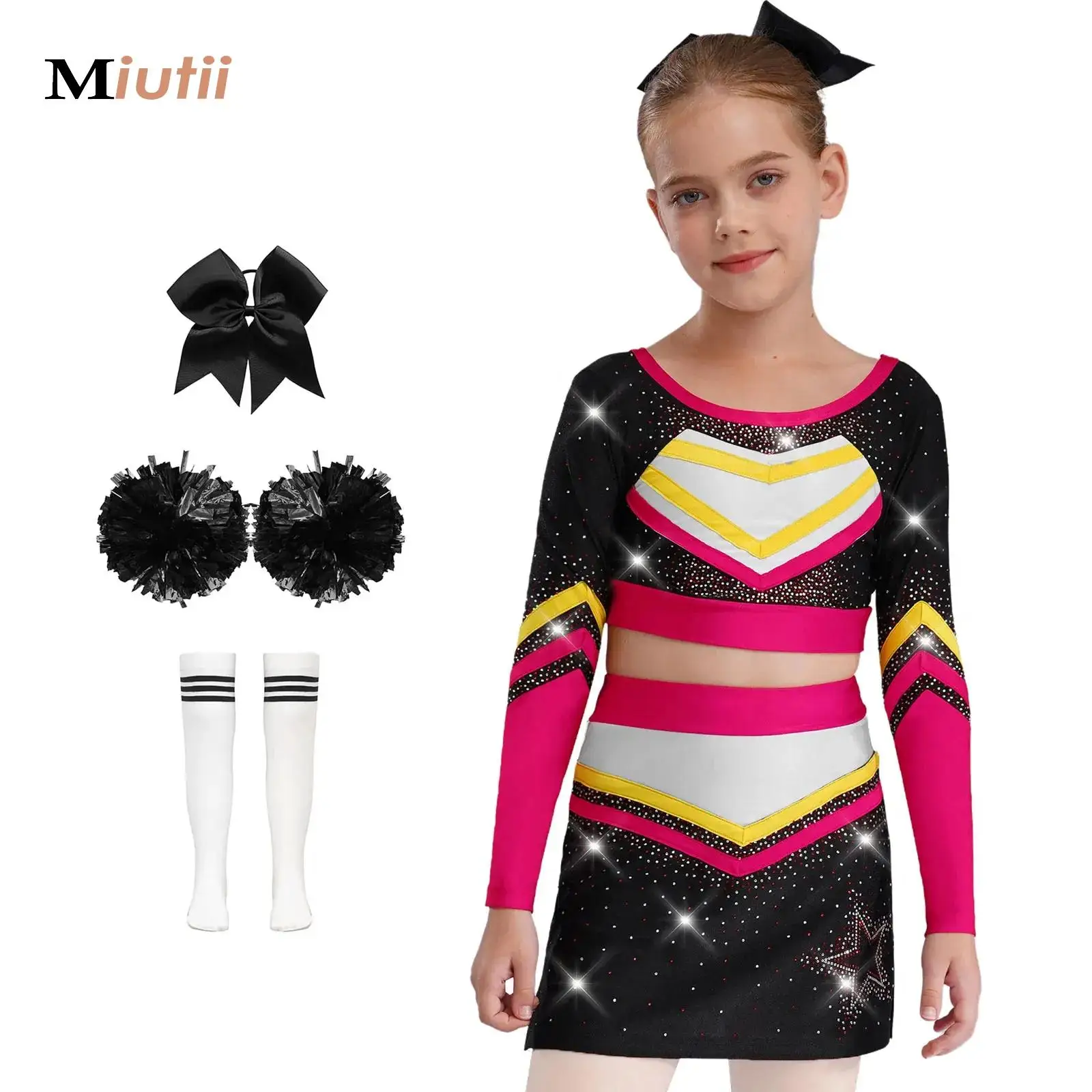 

Girl Cheerleading Costumes Dance Uniform Long Sleeves Dance Crop Top+Skirt+Hand Flowers+Headwear+Socks Set for Stage Performance