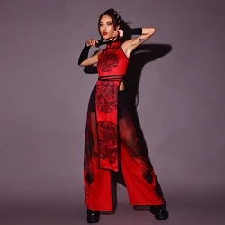 Women Chinese Style Jazz Performance Outfit Red Kpop Clothes Nightclub Bar Dj Singer Stage Wear Sexy Gogo Dance Costume