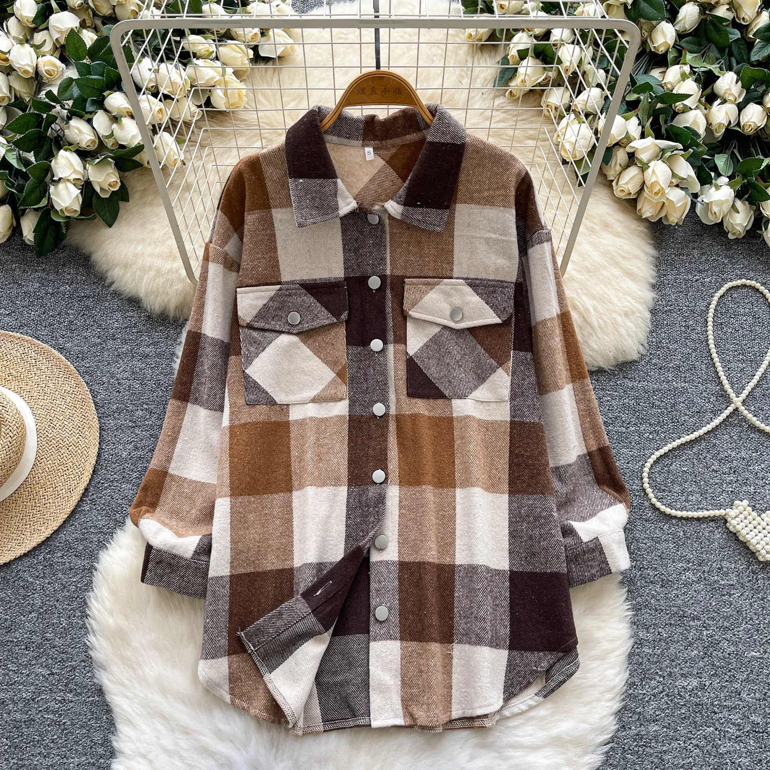 

SuperAen Korean Style Retro Plaid Contrast Color Casual Tops for Women Autumn New Long-sleeved Loose Slimming Shirts