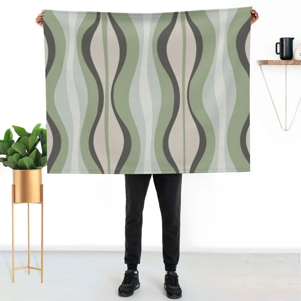 Midcentury Modern Hourglass Abstract Pattern in Sage Green, Grey, and Beige Throw Blanket Blankets For Bed Comforter Blankets