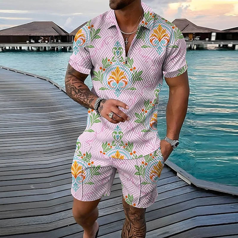 2024 New Men\'s Sports Fashion Set Printed Leaf Pattern Oversized Men\'s Loose Zipper Lapel Top Summer Casual Ventilation Suit