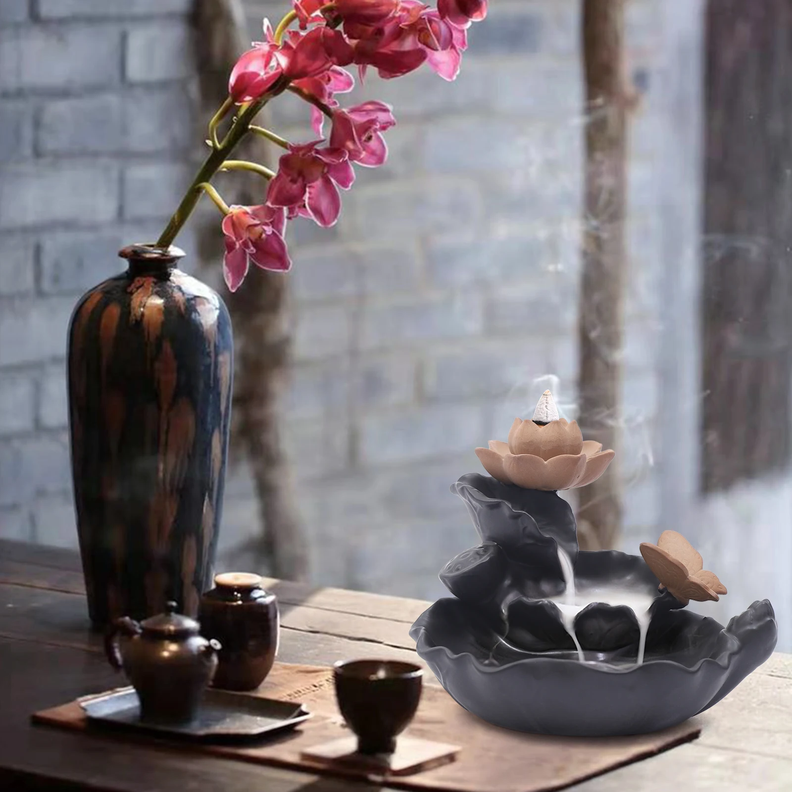 

Ceramic Backflow Lotus Waterfall Smoke Incense Burner Meditation Censer Holder