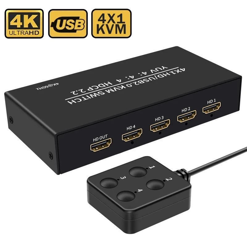 

HDMI KVM Switch 4x1 4K 60Hz HDMI USB KVM Switcher Selector 4 in 1 out for 4 PC Share Monitor Mouse Keyboard 4-Port USB HDCP2.2