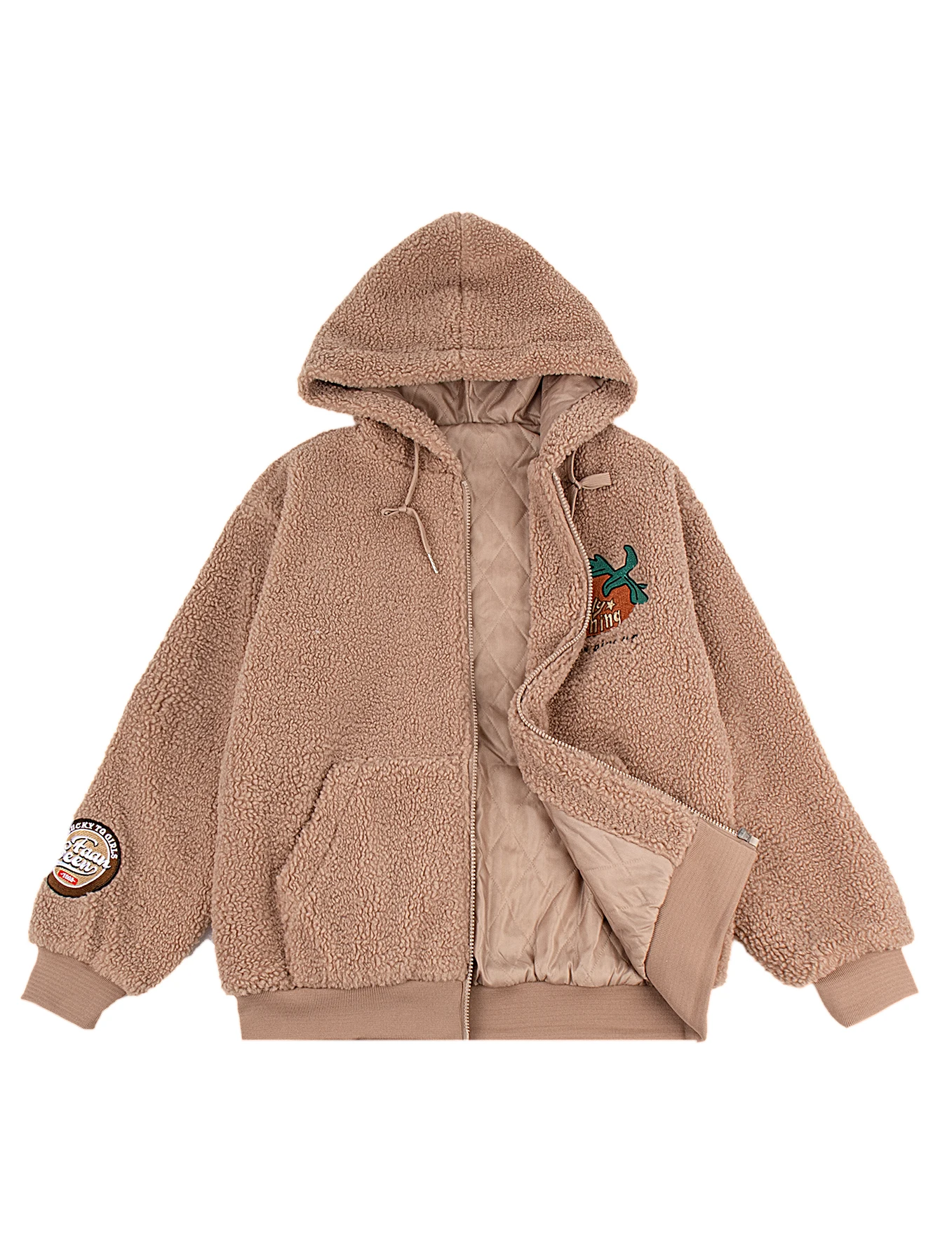 

Женская флисовая куртка на молнии с капюшоном, утепленная теплая осенне-зимняя верхняя одежда, повседневная повседневная одежда унисекс с клубничной вышивкой