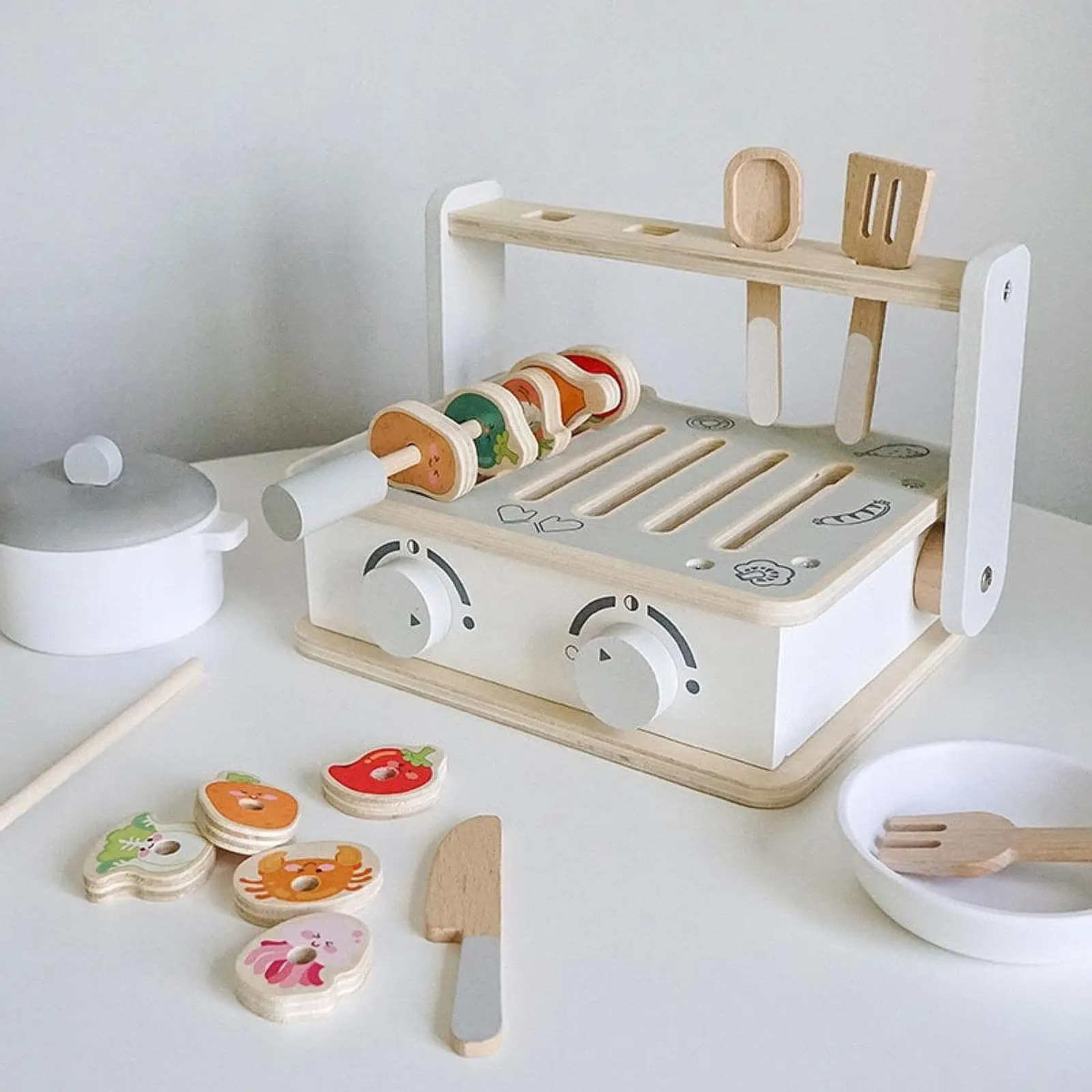 Jouet de cuisine de jeu en bois, Mini jouet de cuisine et de gril de barbecue en bois, jouet de poêle de gril de jouet pour enfants