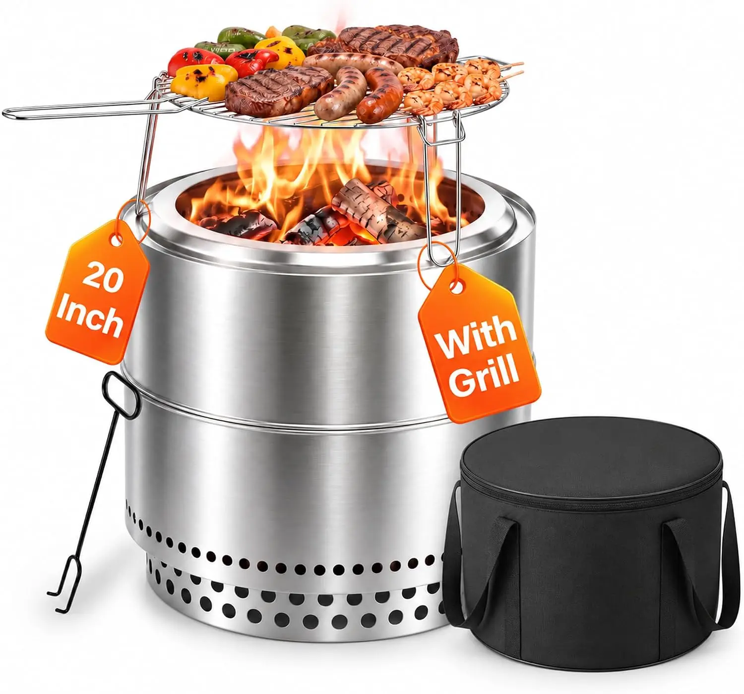 20 Inch Smokeless Fire Pit, Outdoor Wood Burning Firepit with Grill Grate & Stand, Portable Stainless Steel Fire Pit with Carry