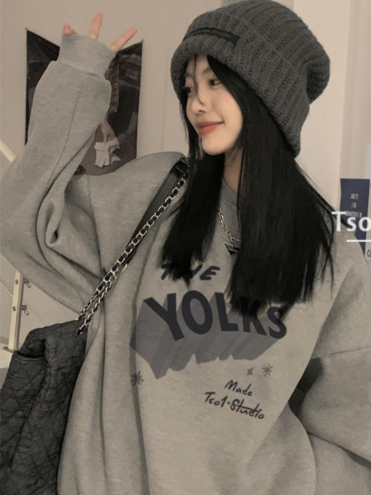 

Deeptown Korean Style Letter Print Gray Hoodies Women Harajuku Hip Hop Oversized Sweatshirts Black Casual Pullover Tops Vintage