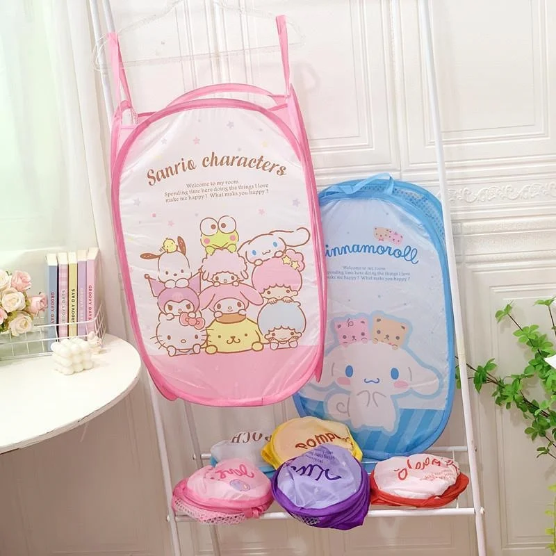 Sanrio Hello Kitty Mesh Laundry Kuromi Basket Folding Dirty Clothes Storage Organizer My Melody Household Bag