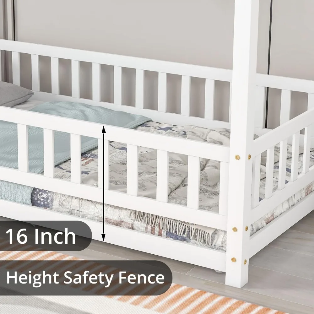 Floor Bed Frame with Roof, Wooden Montessori Bed with Fence, House Bed for Boys Girls Bedroom