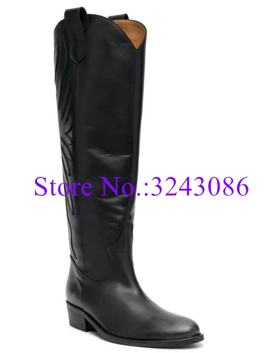 Black Leather Woman Flat Long Boots Fashion Printed Flower Round Toe Lady Knee High Boots Sexy Female Large Size Snow Boots