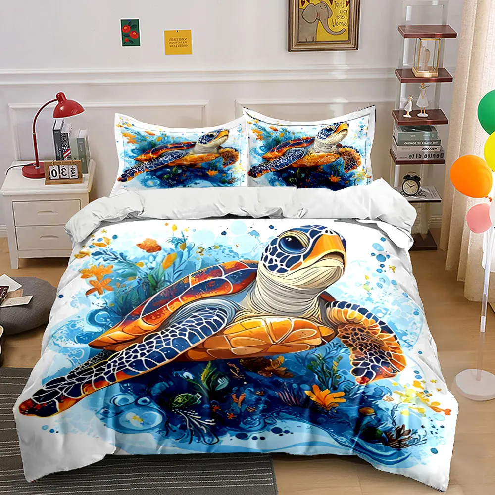 

Colorful sea turtle underwater Pattern Duvet Cover Set Digital Print Colorful Polyester Bedding with Zipper Closur for kids gift