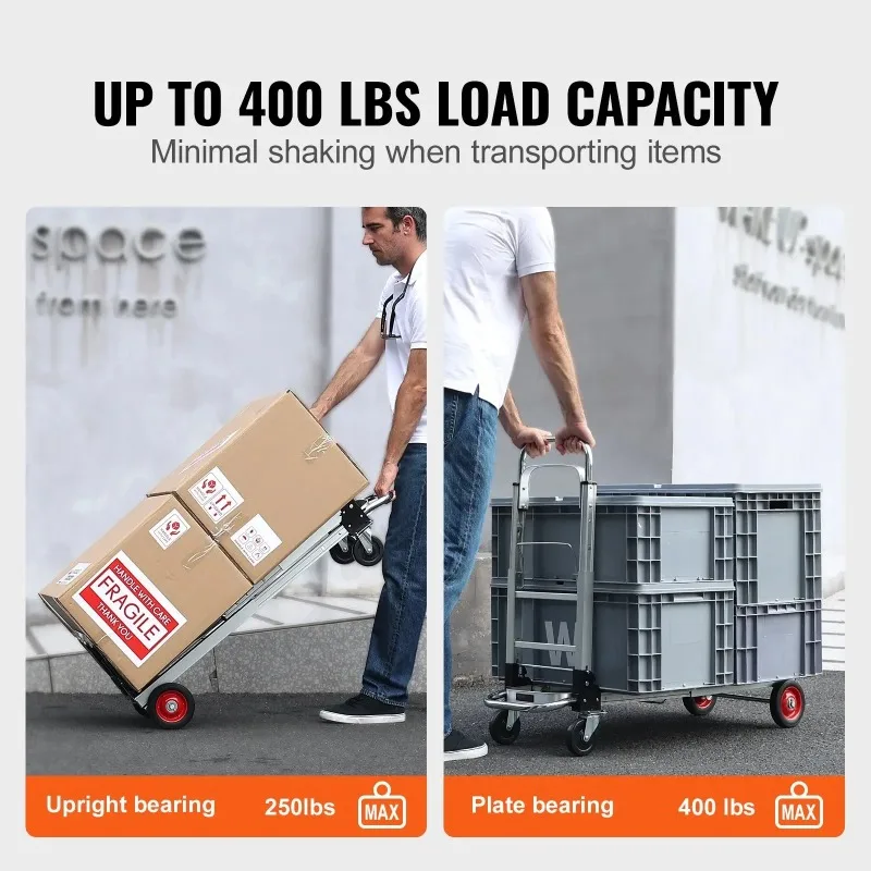 Aluminum Folding Hand Truck, 2 in 1 Design 400 Lbs Capacity, Heavy Duty Industrial Collapsible Cart, Dolly