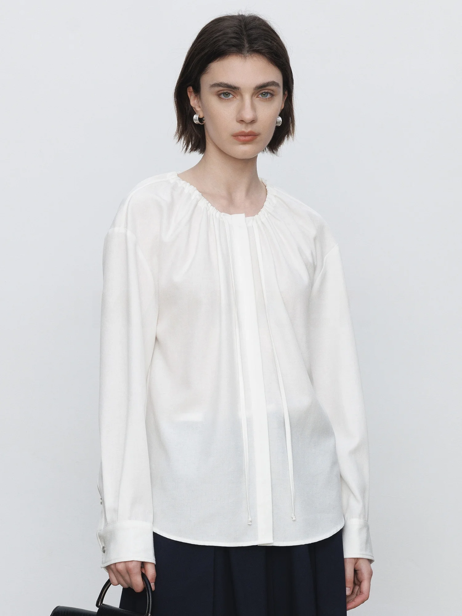 

Maiher Korean Sle Long Sve irt Women's Spring Summer round Ne Design Sense Ele Commuting irt Casual Loose Fit