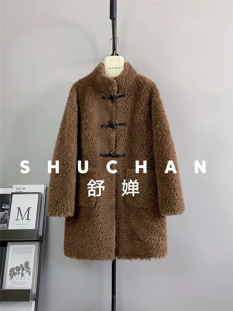 100% casaco de lã feminino novo quente nova jaqueta de lã de cordeiro gola alta chifre fivela casaco de inverno feminino