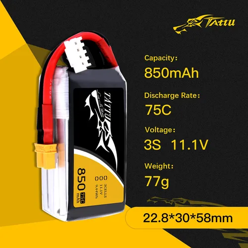 Imagen 2 del producto TATTU-batería LIPO 75C de 850mAh, 11,1/14,8 V con XT30/XT60 para helicóptero RC, cuadricóptero, FPV, piezas de Dron de carreras, batería 3/4S