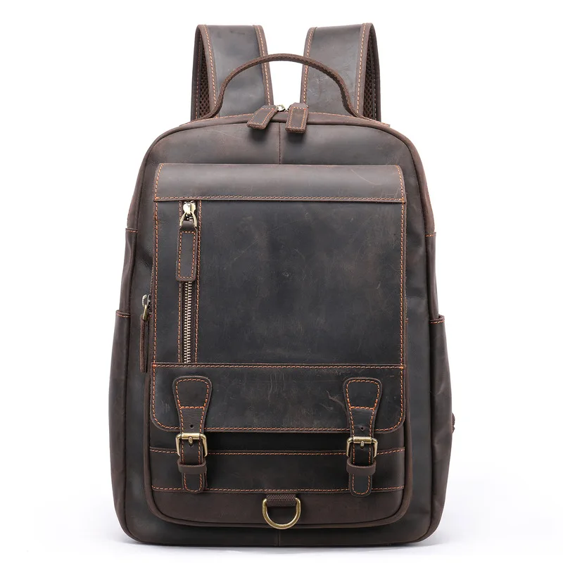 Top-layer cowhide business commuter laptop backpack large-capacity European and American vintage backpack cross-border crazy
