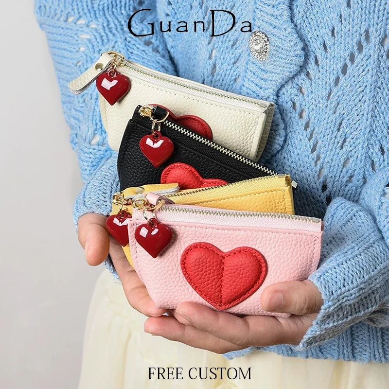 Woamn Fashion Luxury Zipper Coin Purse Mini Lovely Heart Lady Lipstick Bag Genuine Leather Card Holder Key Wallet With Keyring