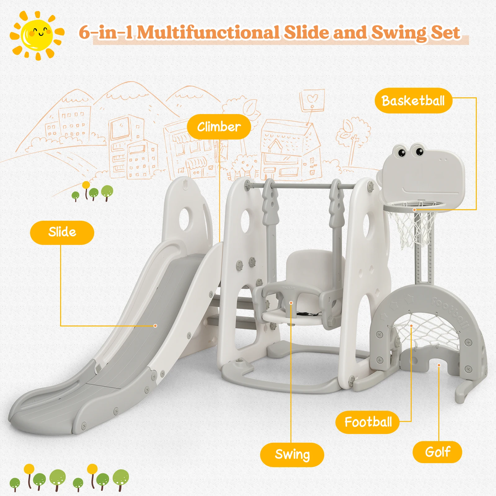 6 in 1 Toddler Slide and Swing Set Climber Playset w/ Ball Games White