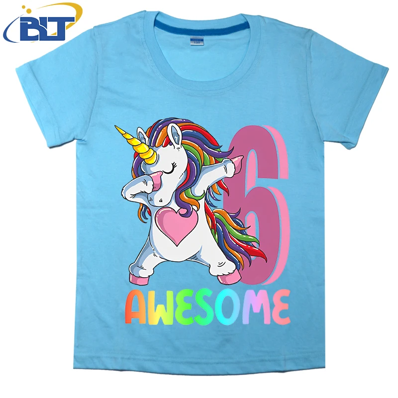 

6th Birthday Unicorn Awesome Printed Kids T-shirt Summer Cotton Short Sleeve Casual Tops Suitable for Boys and Girls