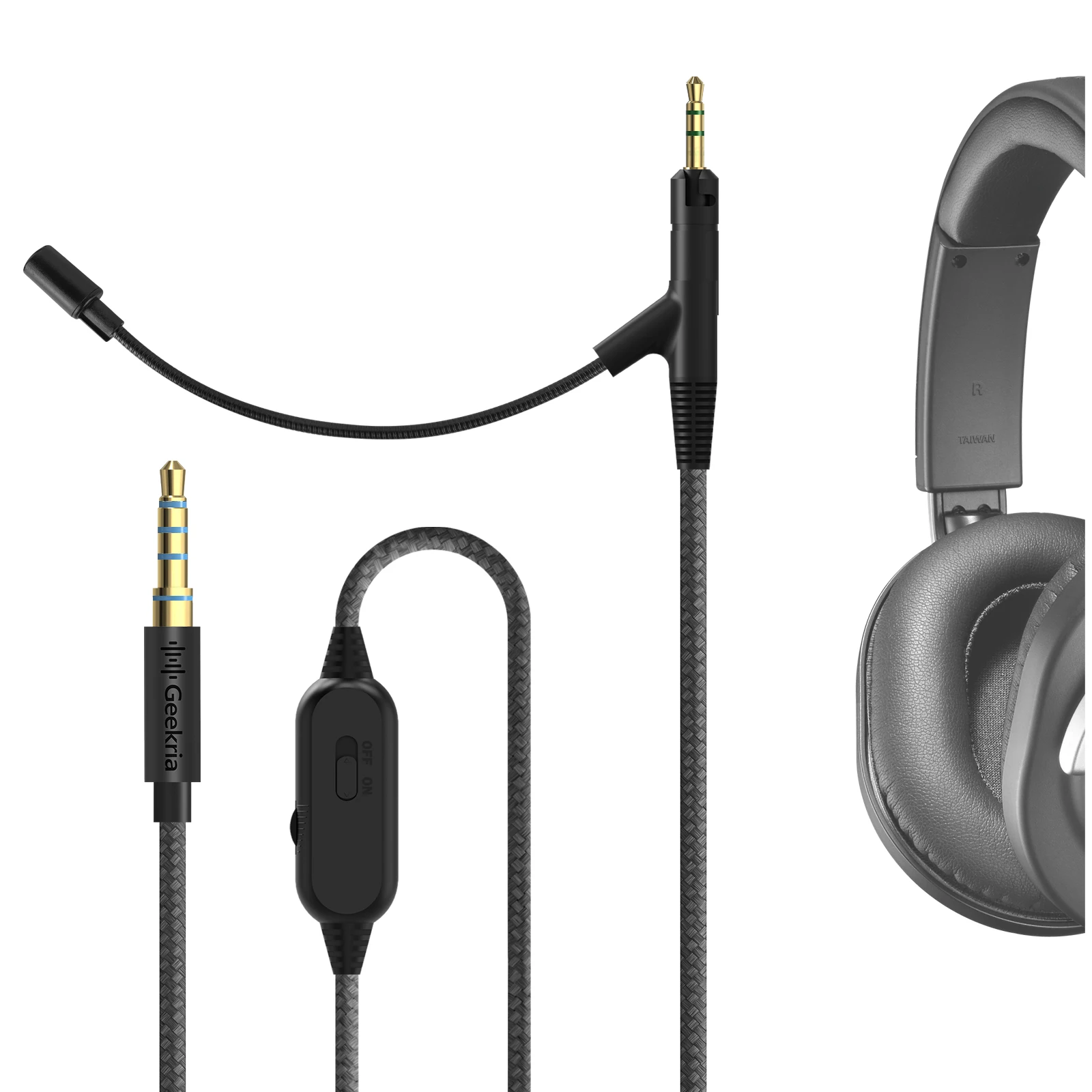 Geekria Boom-Mikrofonkabel für ATH M50x M60x M70x, 2,5 mm auf 3,5 mm, Ersatz-Gaming-Kabel mit Lautstärkeregelung und Stummschaltung für PC-Gamer – Detail 1