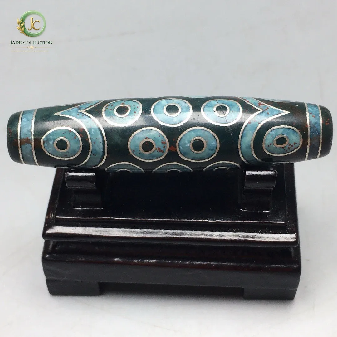 Tibetan Cinnabar Old Agate Dzi Inlaid Silver Wire 21 Eyes Bead Amulet 58mm S0528