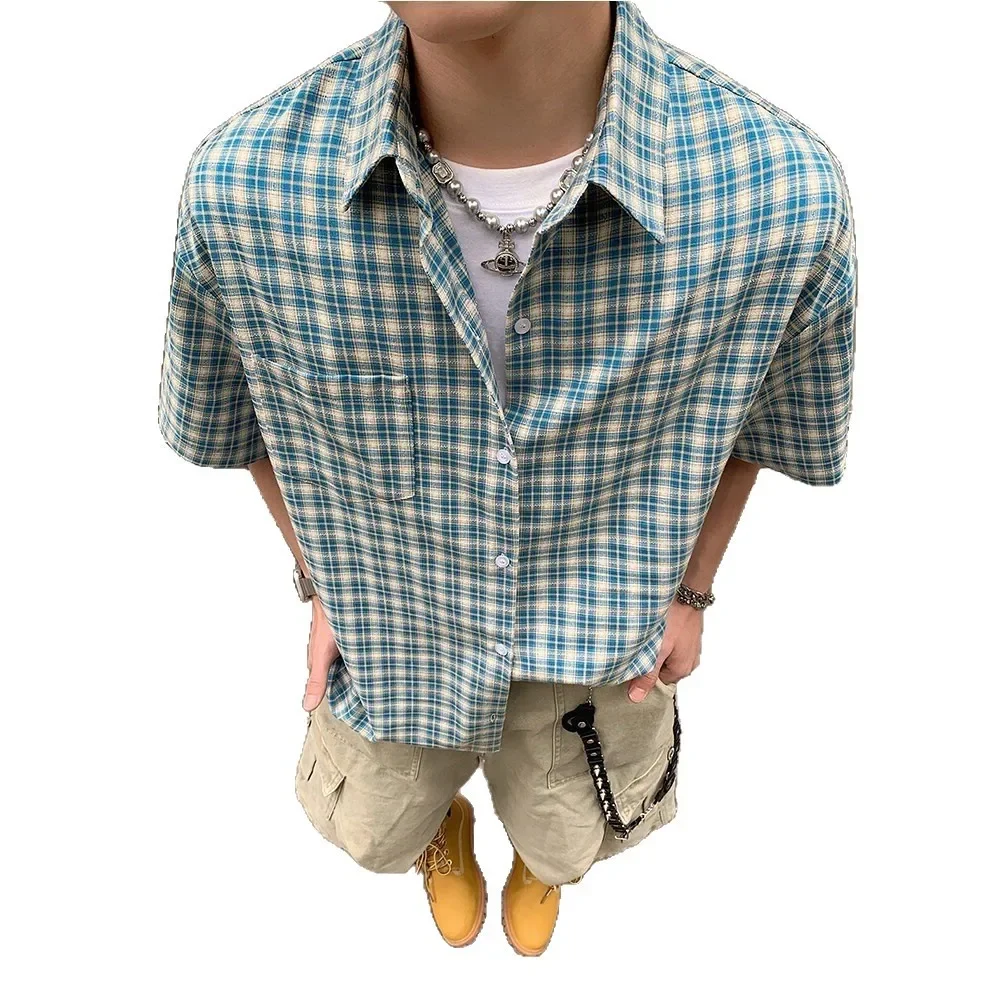 الأمريكية الرجعية منقوشة قميص الرجال قصيرة الأكمام الصيف عارضة العصرية الحرير الجليد الرجال الراقية أزياء العلامة التجارية معطف وسيم