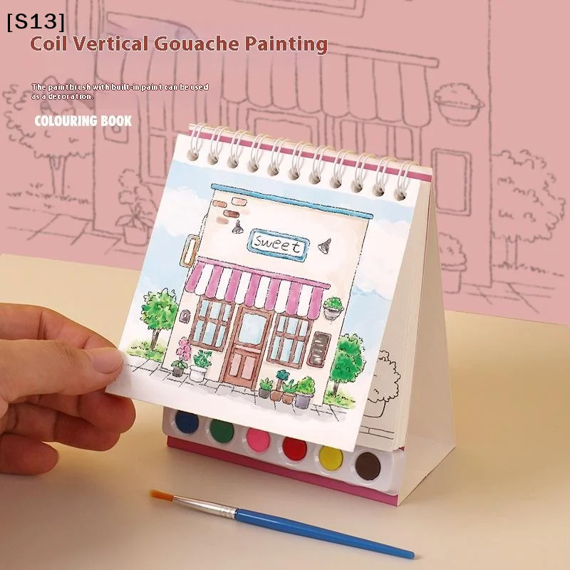 1pc Desktop Ornament Coil Vertical Watercolor Painting DIY Watercolor Graffiti Book With Built-in Paint Coloring Picture Book[Q]