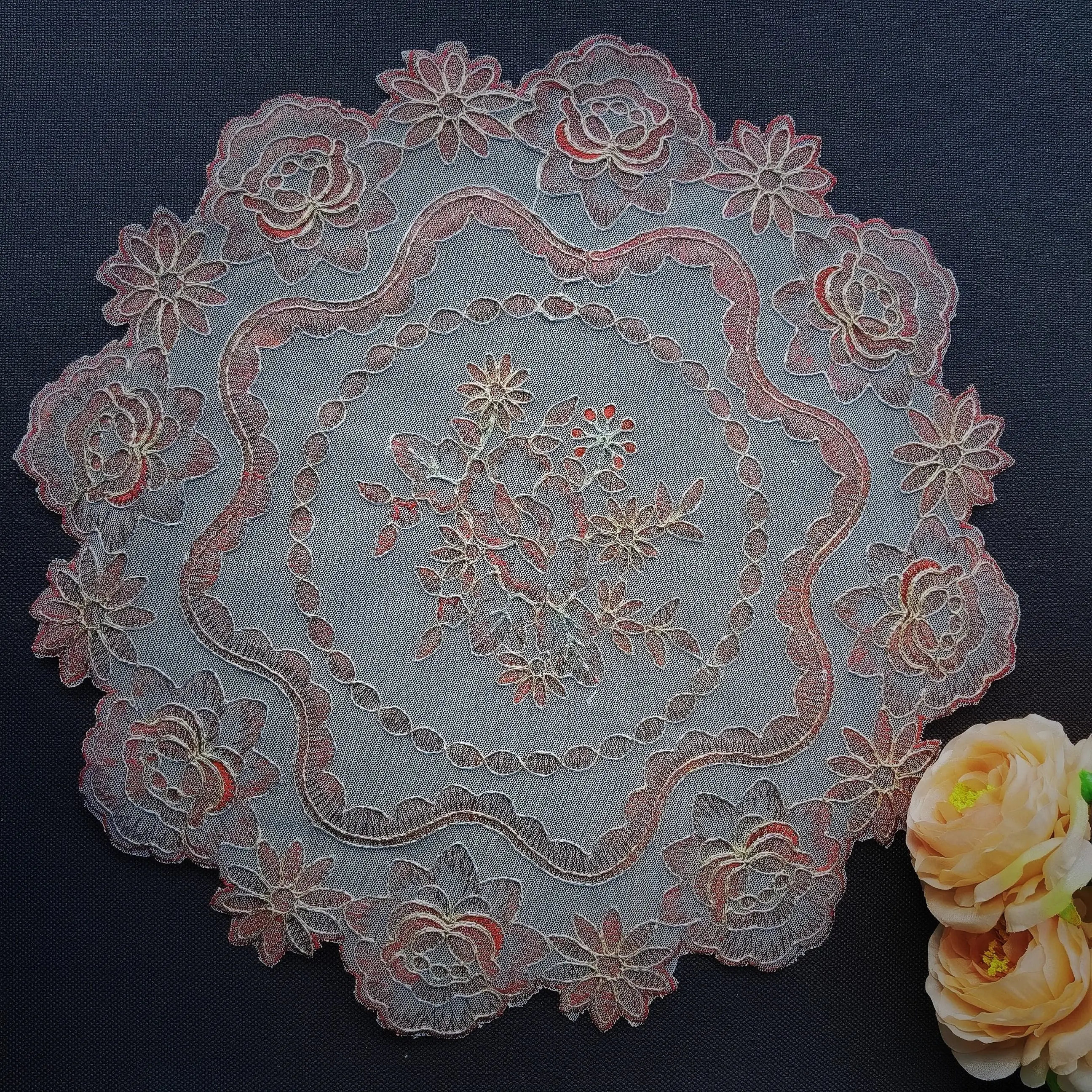 Pink Placemats Round Breakfast Table Mat Lace Jacquard  Table Pad Red Flower Coasters Fruit Tray Mat  Birthday Table Decoration view 4
