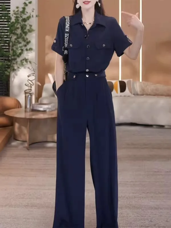 

Летний женский комбинезон 2026 года с двойными карманами, пуговицами спереди, высокой талией, широкими штанинами и эффектом похудения