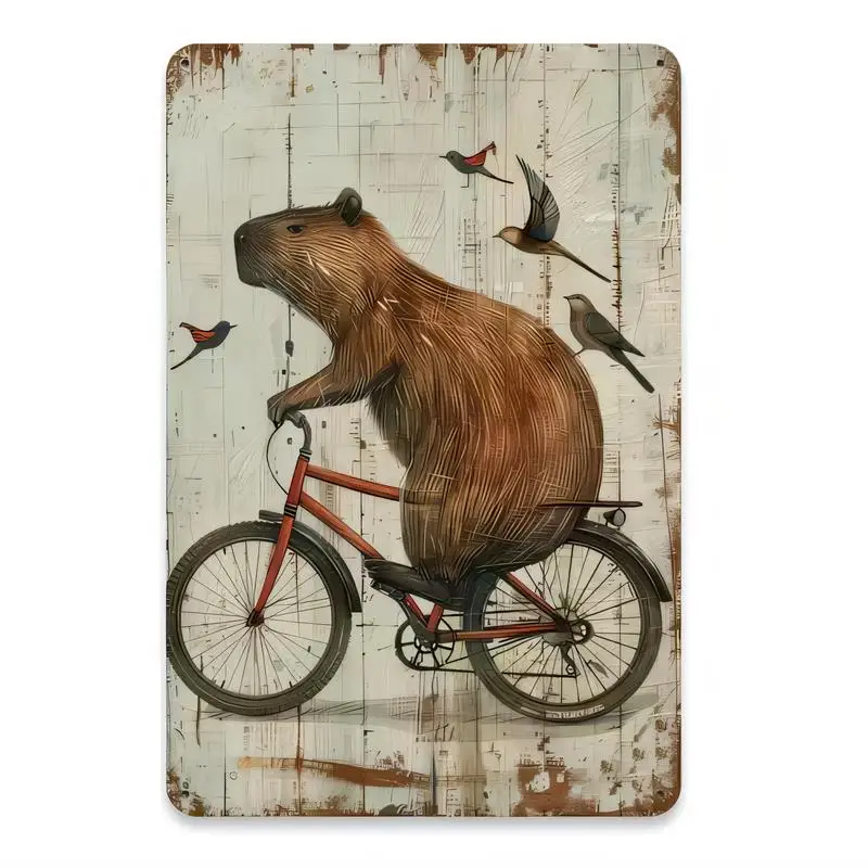 Vintage Metal Sign: Artistic Capybara Riding Bicycle with Birds - Retro Iron Wall Art for Home, Café, Bar Decor | Rustic Animal-