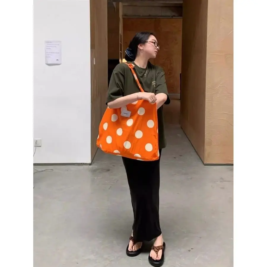 Tote Bag Summer Women 2026 New Orange Dot High-Capacity Shoulder Bag Handbag Korean Sweet Offcie Lady Girls Bags