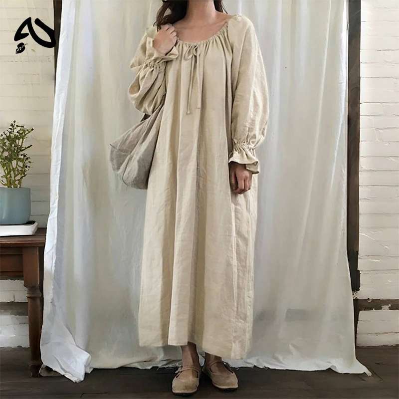 Original Vintage Cotton Linen Mori Dress Women's Casual One Piece Long Sleeve Maxi Dresses Mori Girl Large Ruffles Robe Clothes