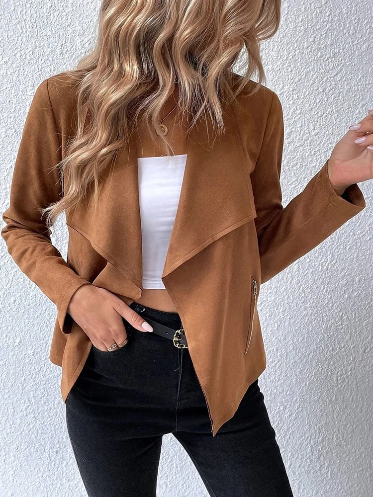 

New Autumn Winter Casual Lapel Long Sleeve Women Short Suede Jacket, Vintage Lady Solid Coat, Women Clothing, Chic Streetwear