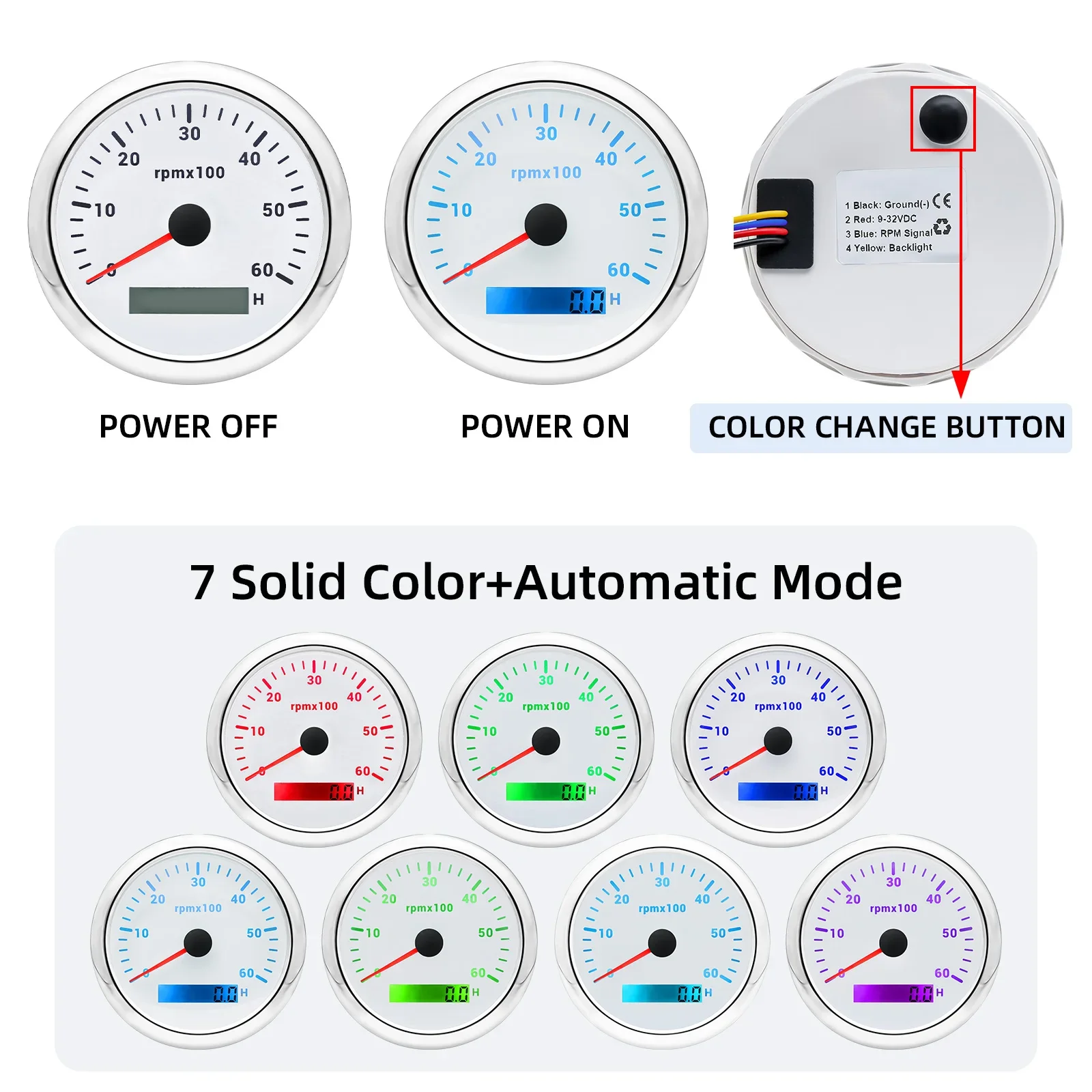 

85 мм тахометр 0-3000 4000 8000 об/мин с ЖК-изметром часов 7 цветов подсветка датчик тахометра для морской лодки автомобиля