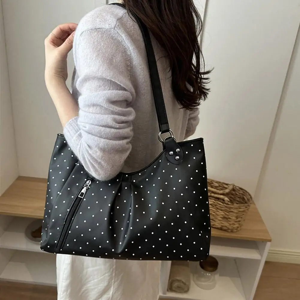 Damen-Umhängetasche, Vintage-Polka-Dot-Design, Pendler-Tragetasche, große Kapazität, PU-Leder-Handtasche, Unterarmtasche für Schule, Büro und den täglichen Gebrauch. – Detail 19