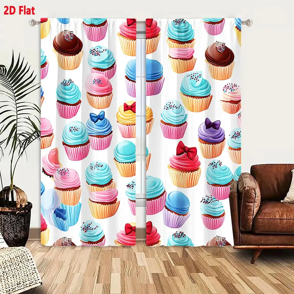 2Pcs Curtains 2D Flat Vibrant Colorful Cupcake Pattern With Swirl Frosting Sprinkles And Bows On White Background Window Drapes
