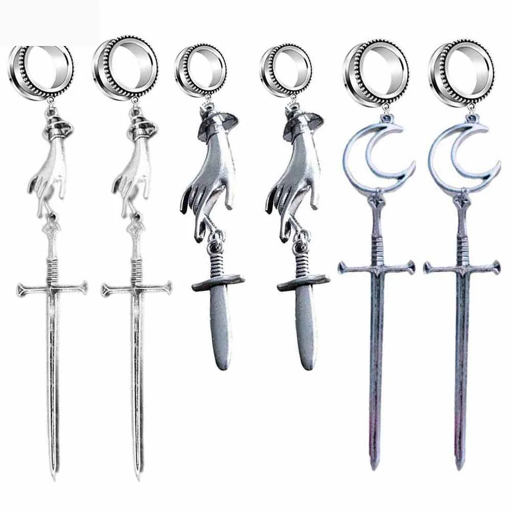 1pair Hand Sword Halloween Earring Ear Gauges Plugs Tunnels Stainless Steel Dangle Earrings Body Piercing Jewelry