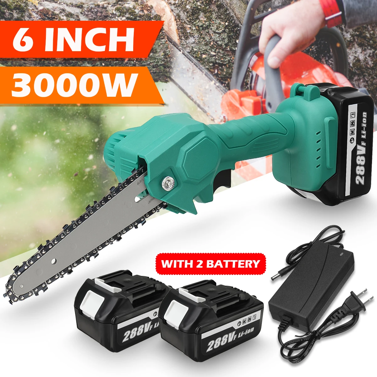 VIOLEWORKS Mini motosega elettrica da 6 pollici sega a catena per potatura per la lavorazione del legno utensili elettrici per la registrazione del giardino con una sola mano 2 pezzi batteria