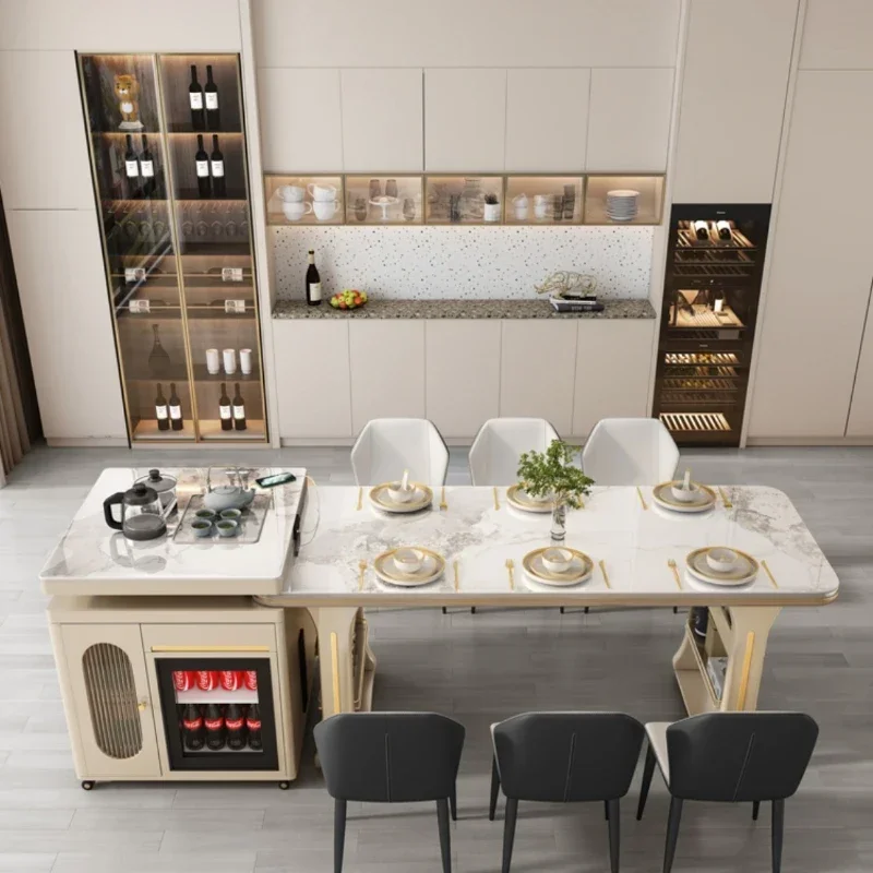 

Премиальный практичный обеденный стол кремового цвета с чайным столиком. Современный простой выдвижной бытовой обеденный стол из каменной пластины.